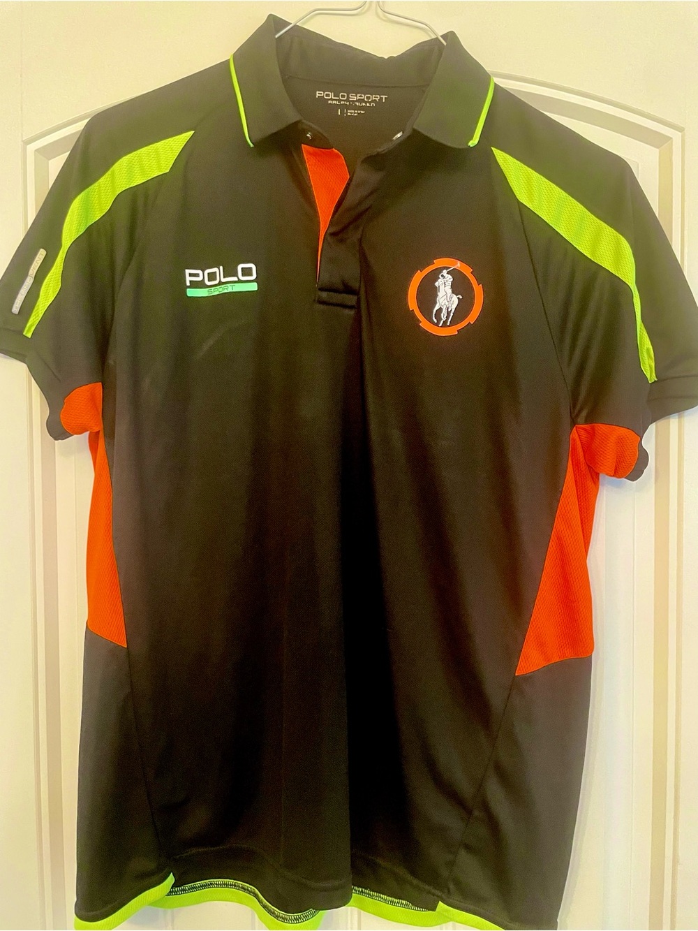 Ralph Lauren Polo Sport Black Polo with Neon Green & Orange Accents